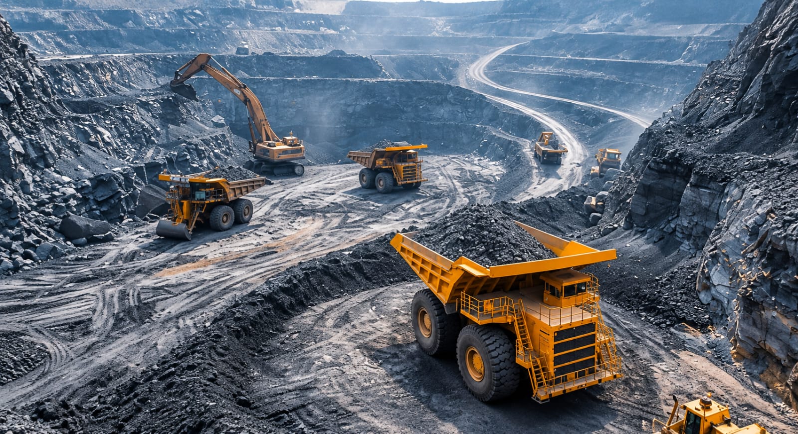 Open-pit chrome mining operation with haul trucks and excavator